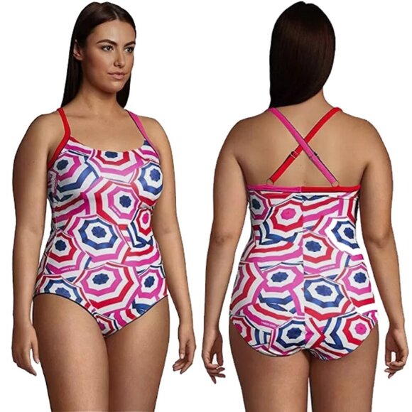 NWOT Lands' End Scoop Neck X-Back One-Piece Swimsuit Umbrella Print Size 12 - Picture 1 of 15